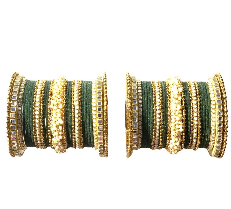 Stylish Traditional Look Gold Tone Stone Studded Velvet Touch Green Bangle Set