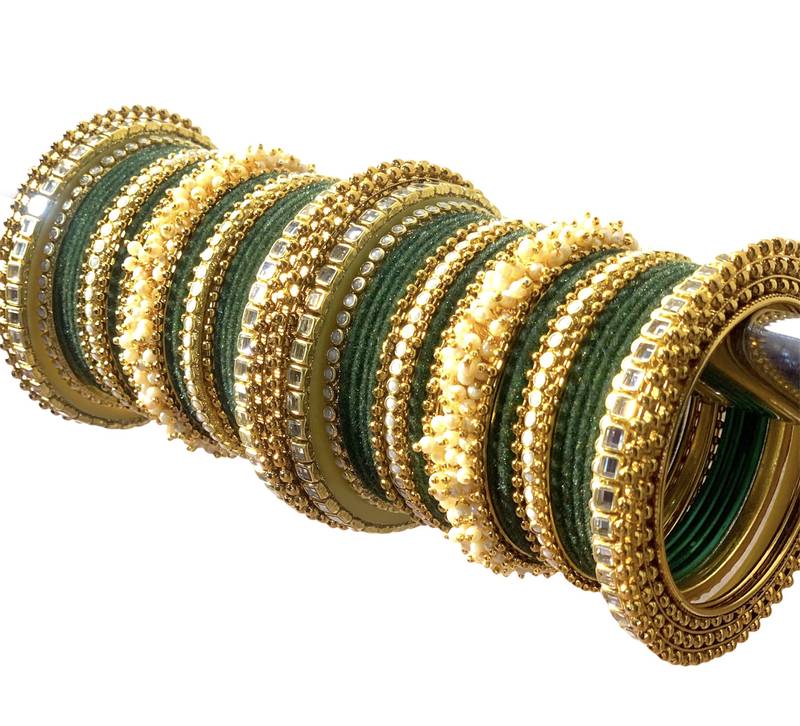 Stylish Traditional Look Gold Tone Stone Studded Velvet Touch Green Bangle Set