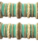 Stylish Traditional Look Gold Tone Stone Studded Velvet Touch Sea Green Bangle Set