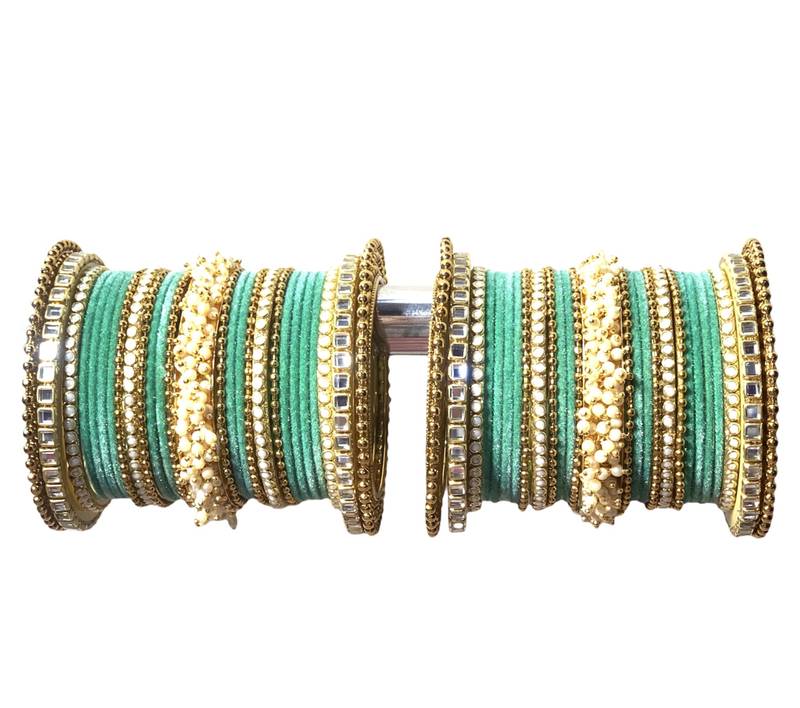 Stylish Traditional Look Gold Tone Stone Studded Velvet Touch Sea Green Bangle Set