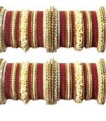 Stylish Traditional Look Gold Tone Stone Studded Velvet Touch Maroon Bangle Set