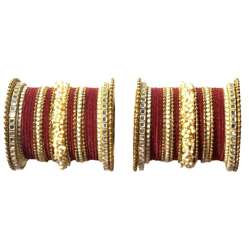 Stylish Traditional Look Gold Tone Stone Studded Velvet Touch Maroon Bangle Set