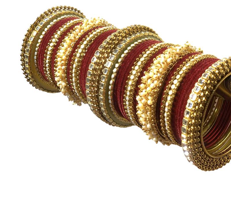 Stylish Traditional Look Gold Tone Stone Studded Velvet Touch Maroon Bangle Set