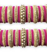 Classy Gold Tone Stone and Pearl Velvet Touch Magenta Bangle Set