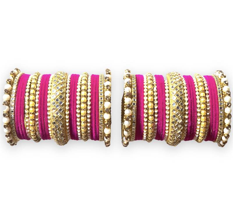 Classy Gold Tone Stone and Pearl Velvet Touch Magenta Bangle Set