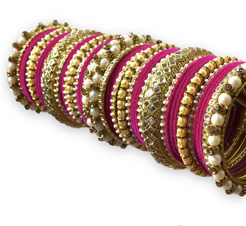 Classy Gold Tone Stone and Pearl Velvet Touch Magenta Bangle Set