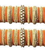 Classy Gold Tone Stone and Pearl Velvet Touch Orange Bangle Set