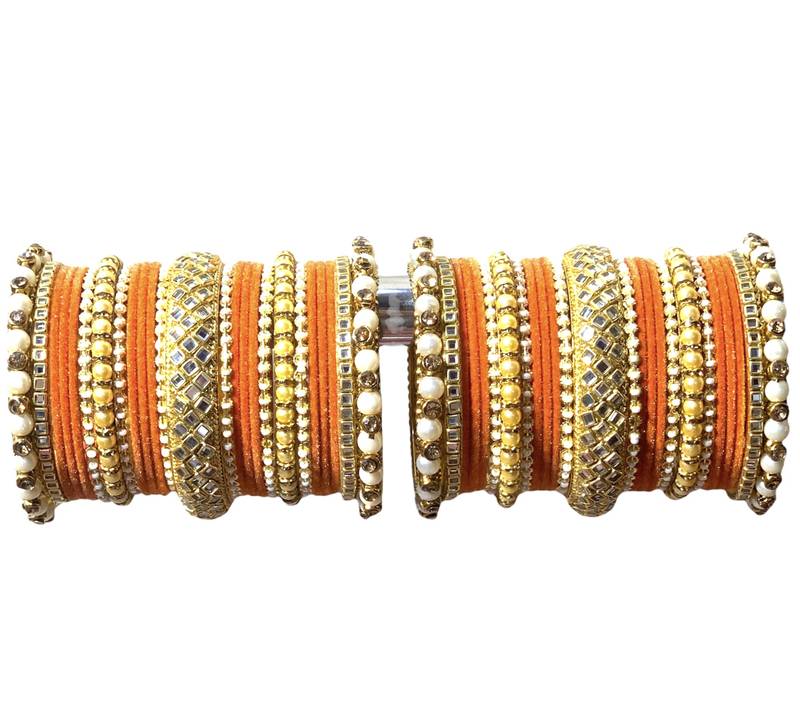 Classy Gold Tone Stone and Pearl Velvet Touch Orange Bangle Set