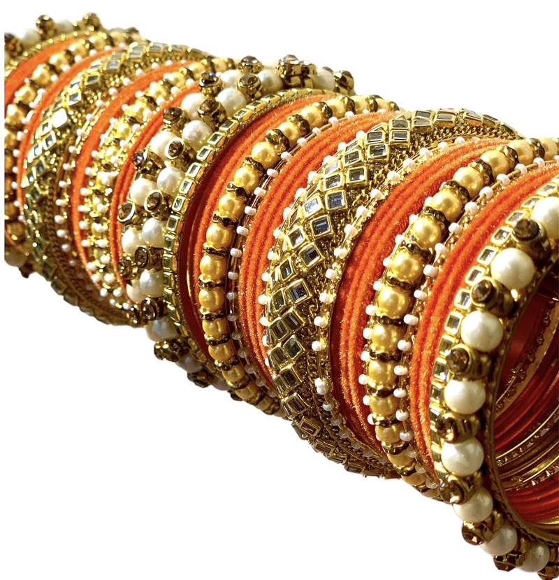 Classy Gold Tone Stone and Pearl Velvet Touch Orange Bangle Set
