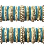Classy Gold Tone Stone and Pearl Velvet Touch Turquoise Bangle Set