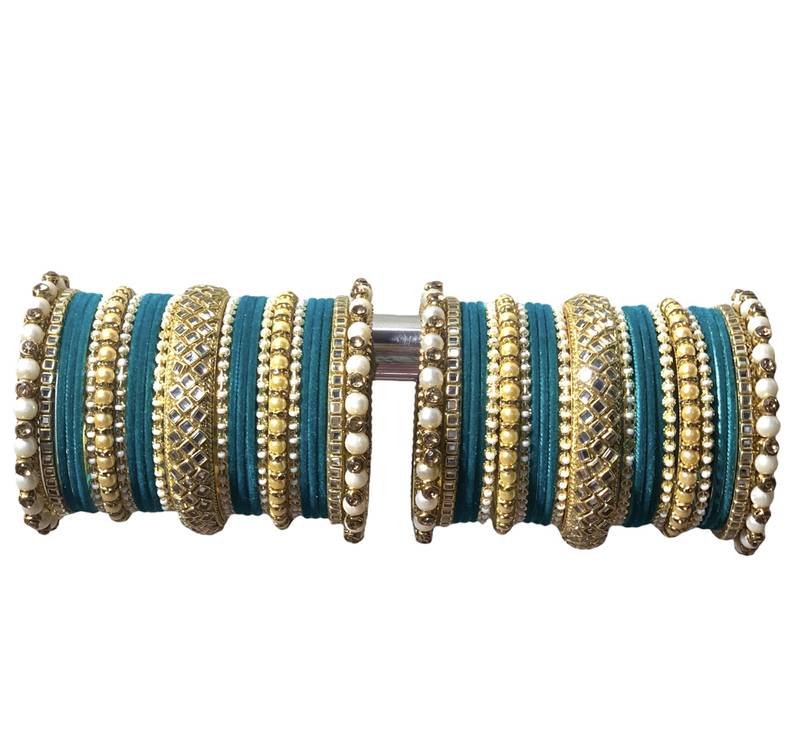 Classy Gold Tone Stone and Pearl Velvet Touch Turquoise Bangle Set