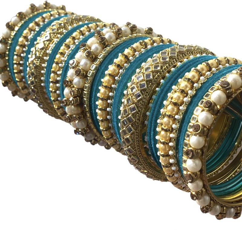 Classy Gold Tone Stone and Pearl Velvet Touch Turquoise Bangle Set