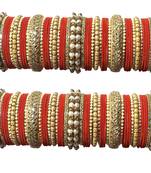 Classy Gold Tone Stone and Pearl Velvet Touch Red Bangle Set