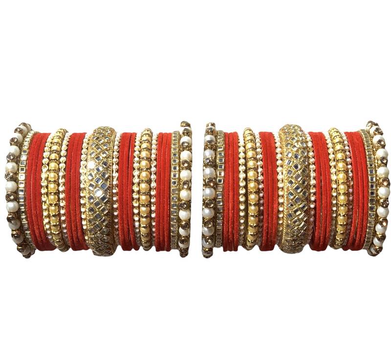 Classy Gold Tone Stone and Pearl Velvet Touch Red Bangle Set