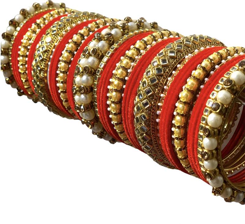 Classy Gold Tone Stone and Pearl Velvet Touch Red Bangle Set