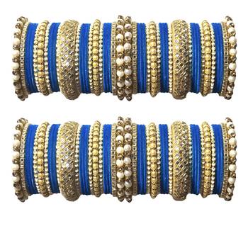 Classy Gold Tone Stone and Pearl Velvet Touch Blue Bangle Set 1