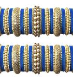 Classy Gold Tone Stone and Pearl Velvet Touch Blue Bangle Set