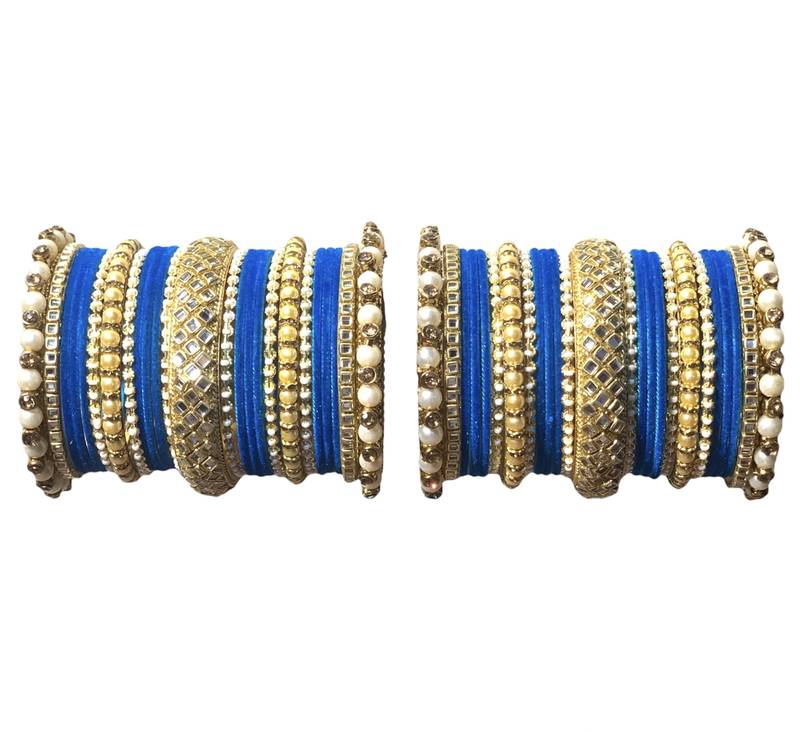 Classy Gold Tone Stone and Pearl Velvet Touch Blue Bangle Set