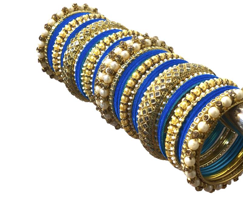 Classy Gold Tone Stone and Pearl Velvet Touch Blue Bangle Set