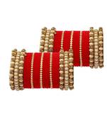 Trendy Velvet Touch Coloured Traditional Stone and Pearl Red Bangle Set