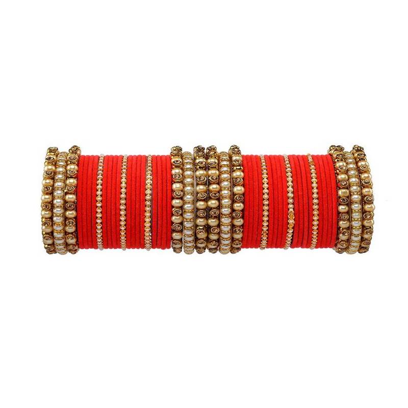 Trendy Velvet Touch Coloured Traditional Stone and Pearl Red Bangle Set