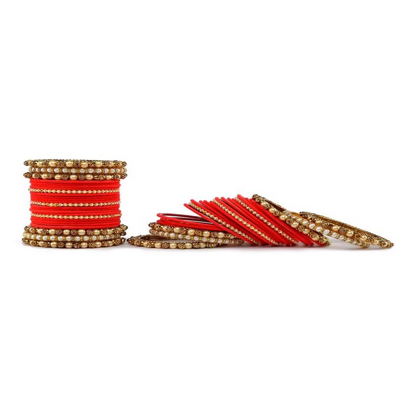 Trendy Velvet Touch Coloured Traditional Stone and Pearl Red Bangle Set