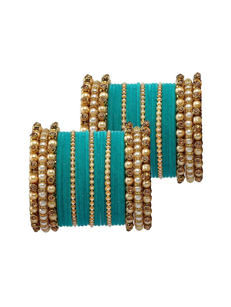 Trendy Velvet Touch Coloured Traditional Stone and Pearl Turquoise Bangle Set