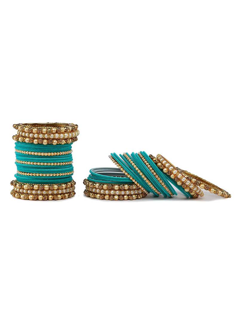 Trendy Velvet Touch Coloured Traditional Stone and Pearl Turquoise Bangle Set