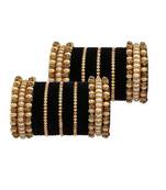 Trendy Velvet Touch Coloured Traditional Stone and Pearl Black Bangle Set