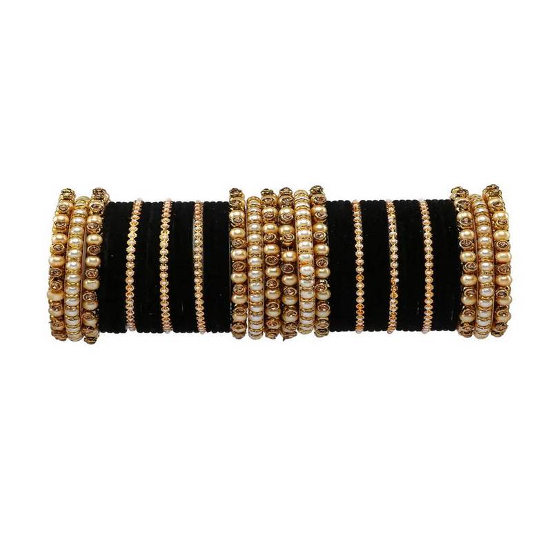 Trendy Velvet Touch Coloured Traditional Stone and Pearl Black Bangle Set