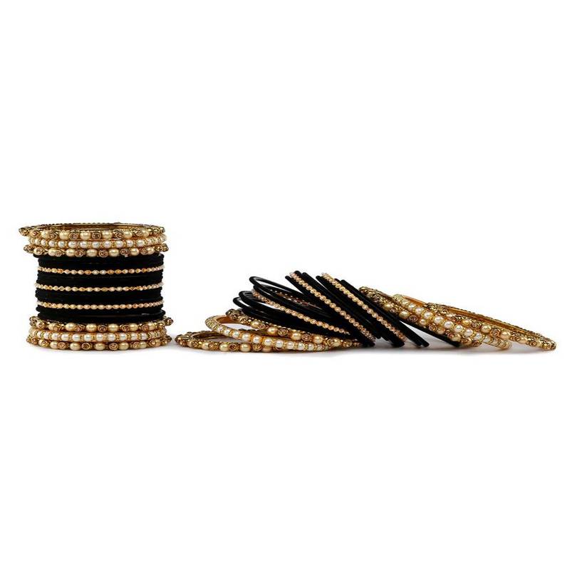Trendy Velvet Touch Coloured Traditional Stone and Pearl Black Bangle Set