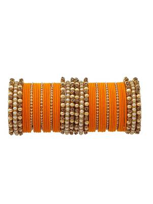 Trendy Velvet Touch Coloured Traditional Stone and Pearl Yellow Bangle Set 1
