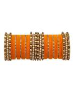 Trendy Velvet Touch Coloured Traditional Stone and Pearl Yellow Bangle Set