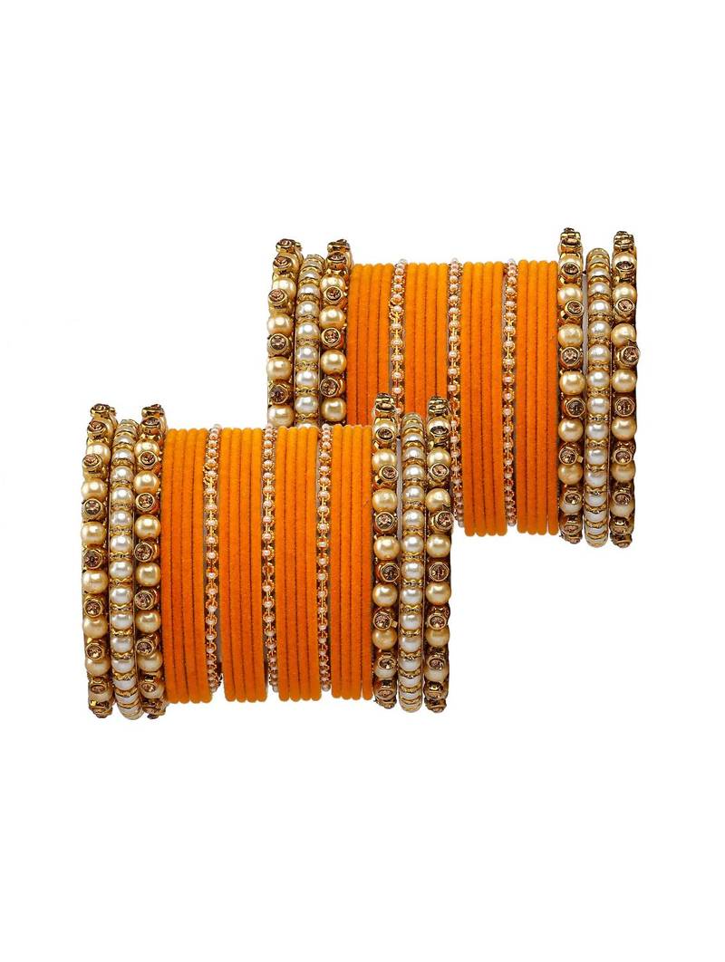 Trendy Velvet Touch Coloured Traditional Stone and Pearl Yellow Bangle Set