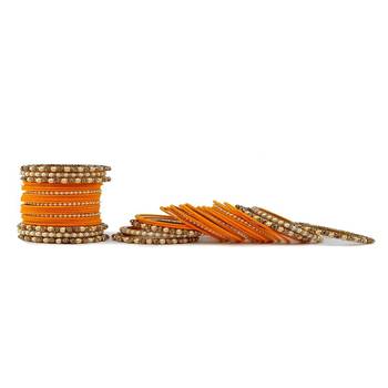 Trendy Velvet Touch Coloured Traditional Stone and Pearl Yellow Bangle Set 3