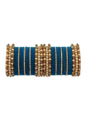 Trendy Velvet Touch Coloured Traditional Stone and Pearl Blue Bangle Set 1