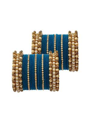 Trendy Velvet Touch Coloured Traditional Stone and Pearl Blue Bangle Set 2