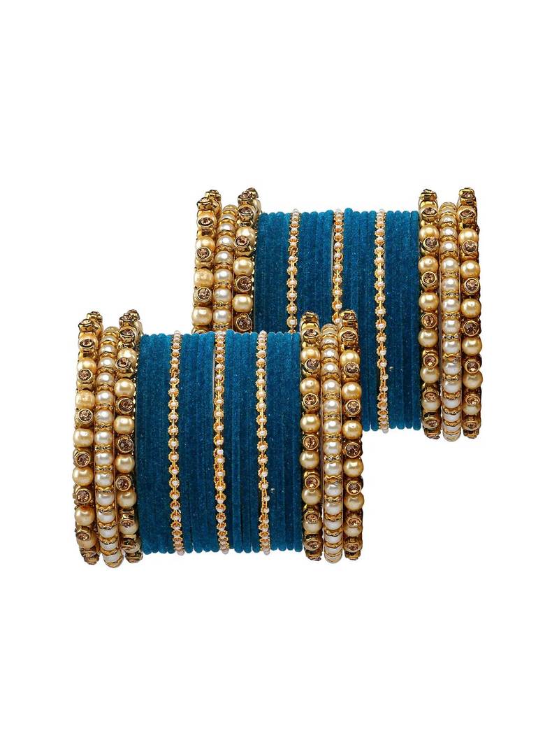 Trendy Velvet Touch Coloured Traditional Stone and Pearl Blue Bangle Set