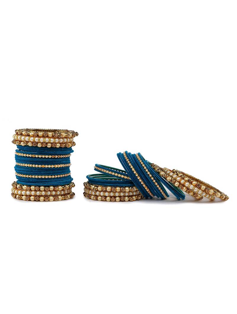 Trendy Velvet Touch Coloured Traditional Stone and Pearl Blue Bangle Set