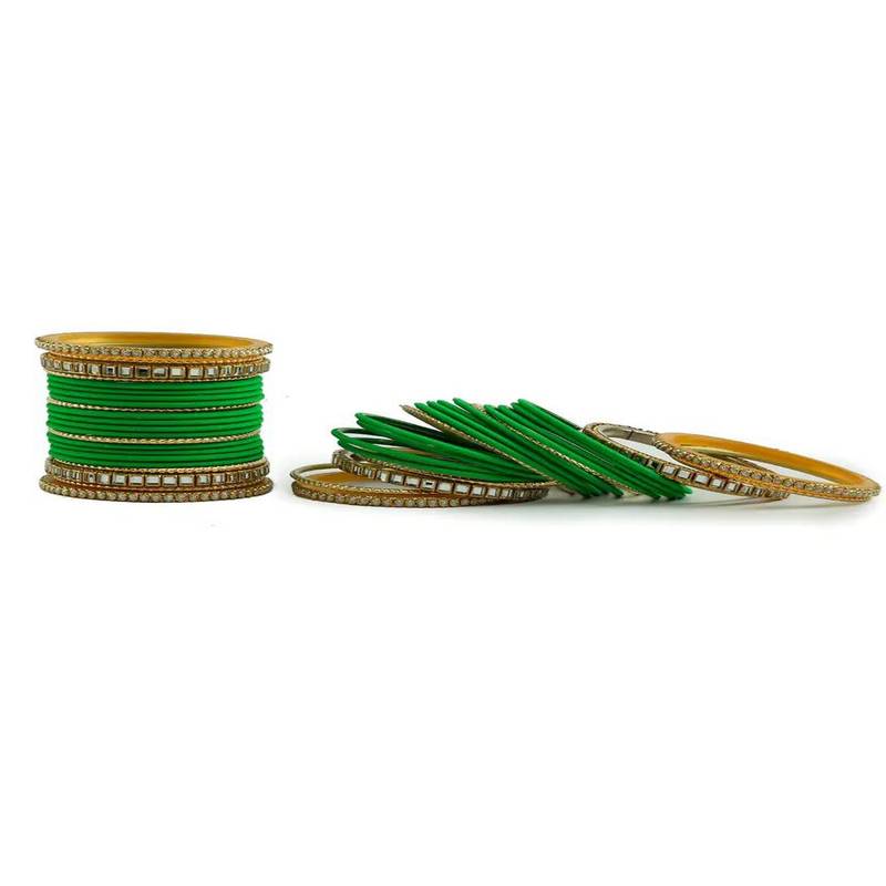 Set Of 38 Cubic Zirconia & Beads-Studded Green Velvet Bangle Set