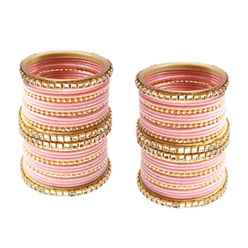 56 Pieces Pink Velvet Coated Crystal Studded Bangle Set