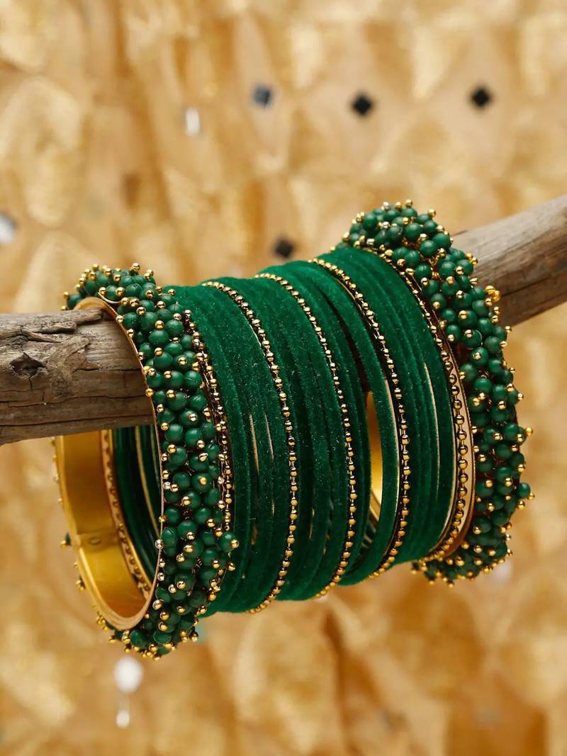 52 Pieces Emerald Green Velvet Coated Crystal Studded Bangle Set