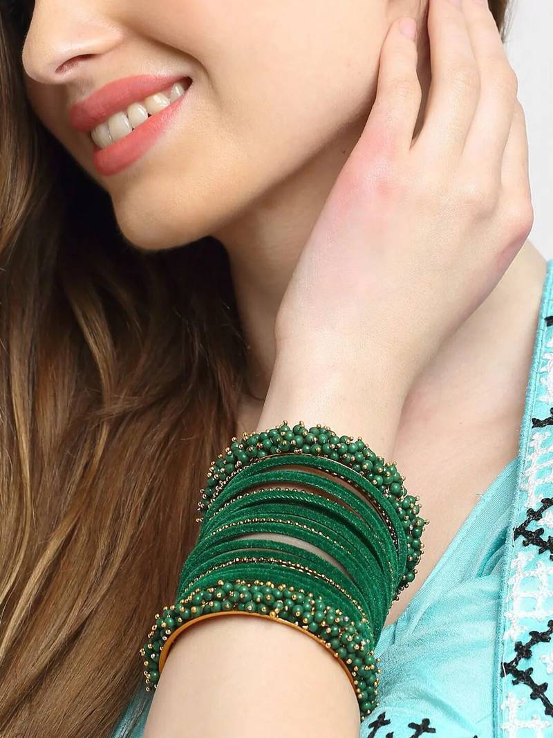 52 Pieces Emerald Green Velvet Coated Crystal Studded Bangle Set