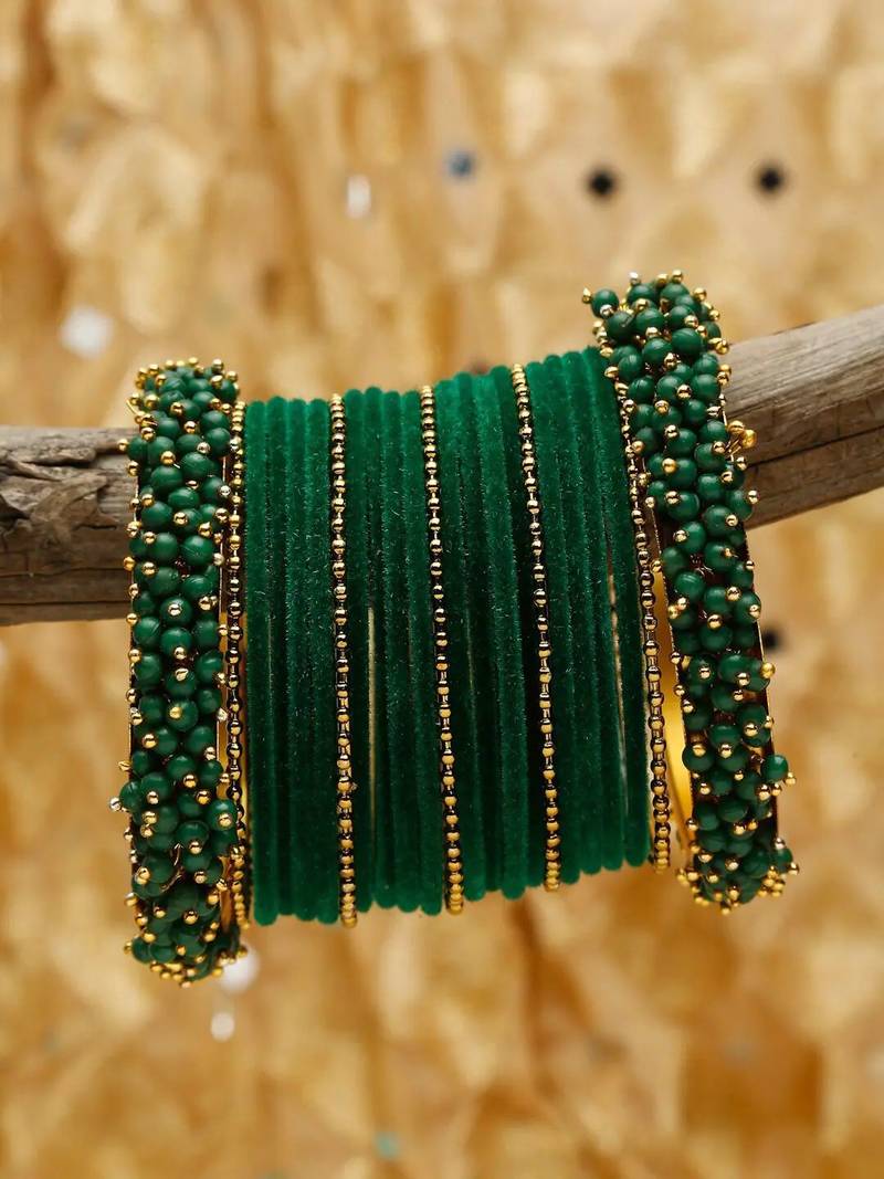 52 Pieces Emerald Green Velvet Coated Crystal Studded Bangle Set