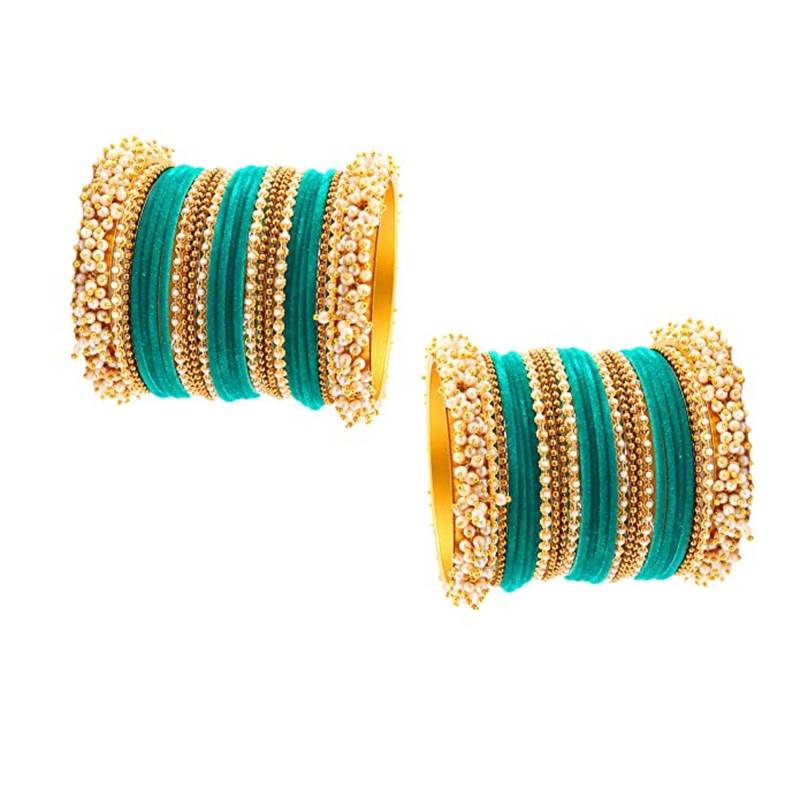 52 Pieces Turquoise Velvet Coated Crystal and Pearl Cluster Bangle Set