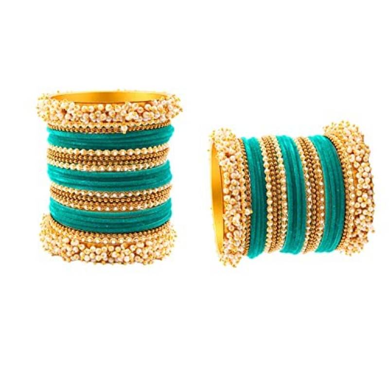 52 Pieces Turquoise Velvet Coated Crystal and Pearl Cluster Bangle Set