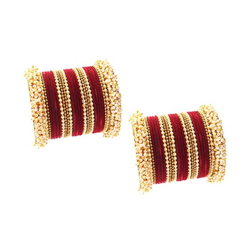 52 Pieces Maroon Velvet Coated Crystal and Pearl Cluster Bangle Set