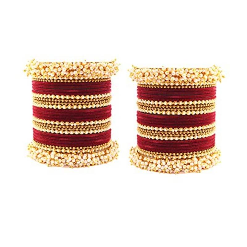 52 Pieces Maroon Velvet Coated Crystal and Pearl Cluster Bangle Set