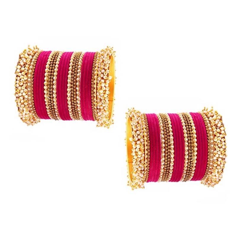 52 Pieces Magenta Velvet Coated Crystal and Pearl Cluster Bangle Set