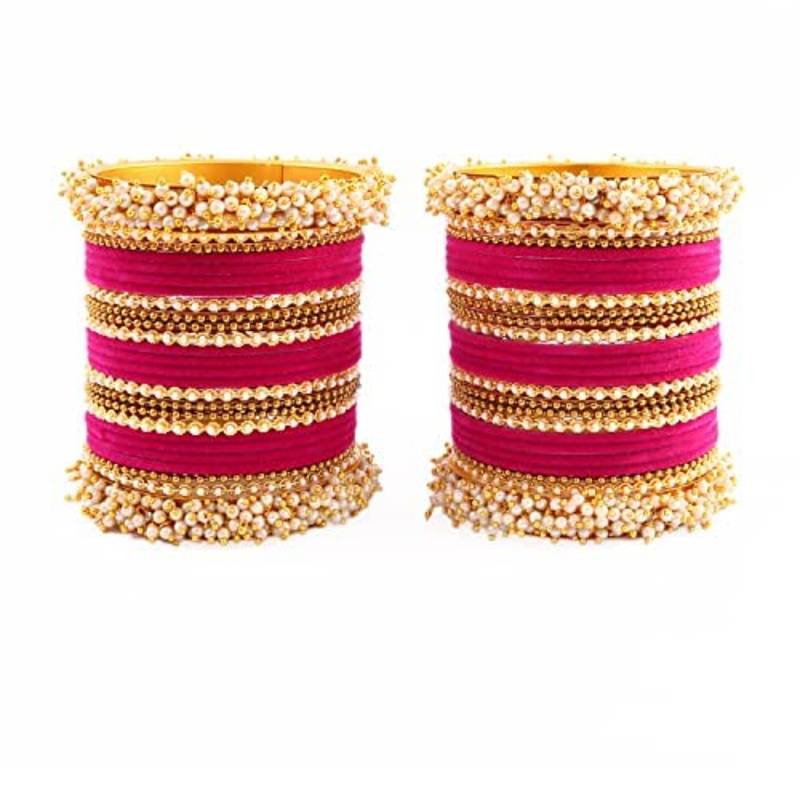 52 Pieces Magenta Velvet Coated Crystal and Pearl Cluster Bangle Set